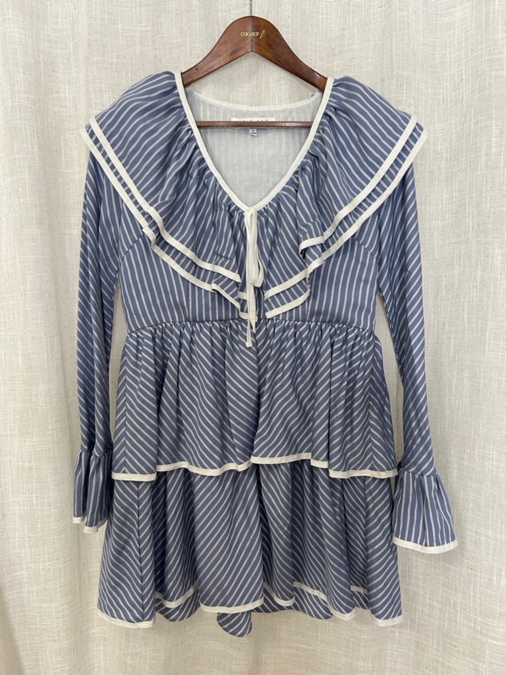 Sofie The Label Striped Blue Ruffle Tiered V-Neck Dress Size Medium